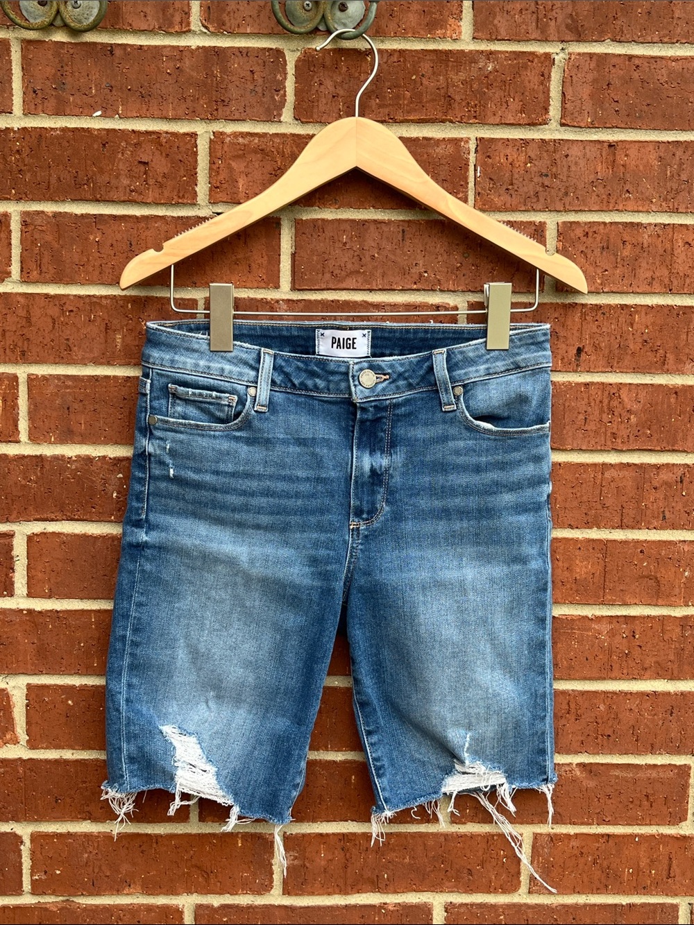 PAIGE Medium Blue Distressed Denim Bermuda Shorts